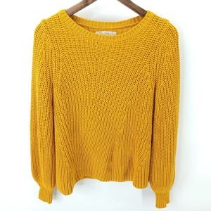 LOFT Womens Solid Mustard Round Neck Balloon Sleeve Chunky Knit Sweater Sz Small